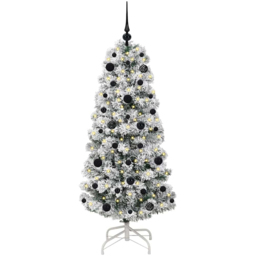 vidaXL Pre-Lit Warm White LED and Black Baubles Snow Flocked Artificial Christmas Tree 4.9ft - Green - Wilko