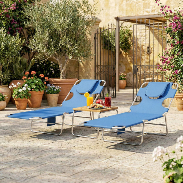 Outsunny Set of 2 Blue Foldable Sun Lounger with Reading Hole - Size: 88 x 185 x 55cm - Wilko - image 1