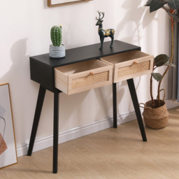 FurnitureHMD 2 Drawer Black Rattan Weaving Console Table - Size: 77 x 80 x 40cm - Black+Naural - Wilko - thumbnail 7