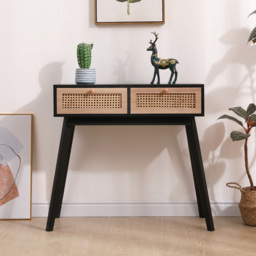 FurnitureHMD 2 Drawer Black Rattan Weaving Console Table - Size: 77 x 80 x 40cm - Black+Naural - Wilko - thumbnail 6