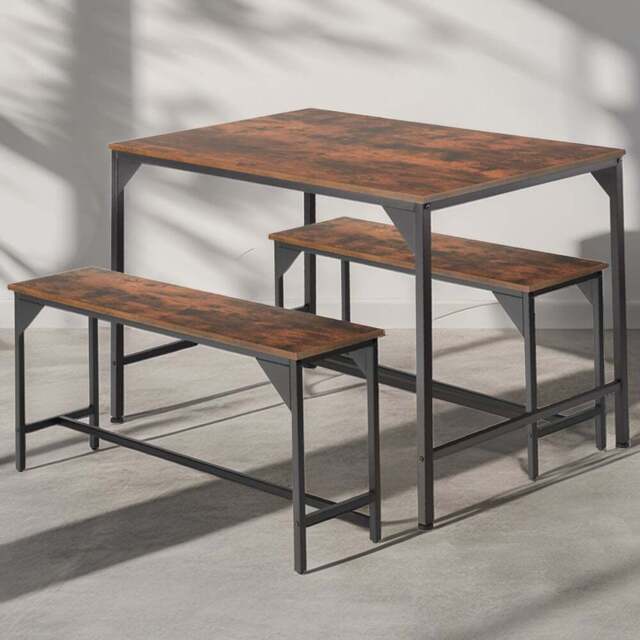 tectake Bolton 2 Seater Industrial Dark Wood Dining Set with Bench - Brown - Wilko - image 1