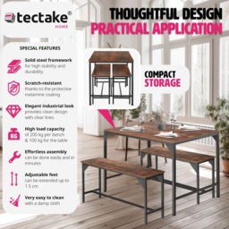 tectake Bolton 2 Seater Industrial Dark Wood Dining Set with Bench - Brown - Wilko - thumbnail 7