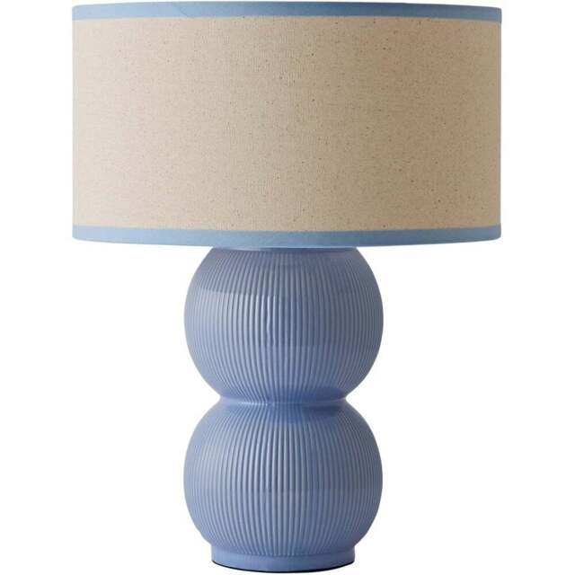 ValueLights Gemma Linen with Blue Trim Shade Stacked Ribbed Blue Glazed Table Lamp with Bulb - Size: 42.5 x 32 x 32cm - Wilko - image 1