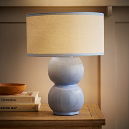 ValueLights Gemma Linen with Blue Trim Shade Stacked Ribbed Blue Glazed Table Lamp with Bulb - Size: 42.5 x 32 x 32cm - Wilko - thumbnail 3