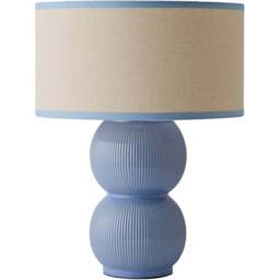 ValueLights Gemma Linen with Blue Trim Shade Stacked Ribbed Blue Glazed Table Lamp with Bulb - Size: 42.5 x 32 x 32cm - Wilko - thumbnail 1