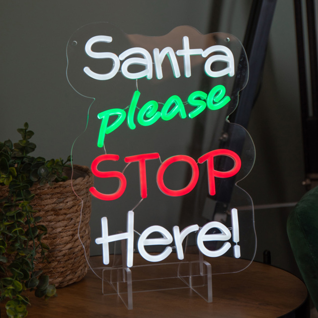 Samuel Alexander Red Green and White LED Santa Please Stop Here Neon Sign 35 x 26cm - Size: 35 x 26 x 2cm - Multi-Coloured - Wilko - image 1