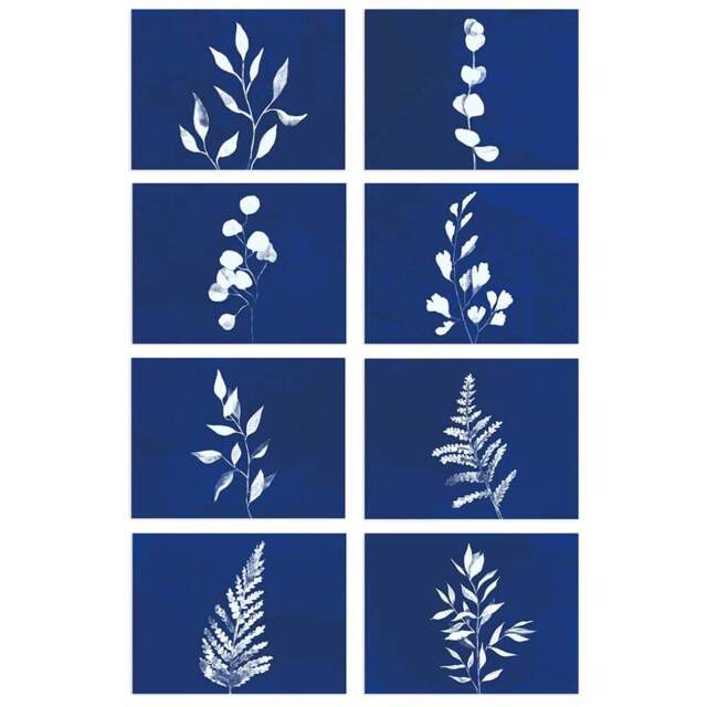 Wee Blue Coo White Cobalt Blue Foliage Watercolour Wall Art Print 30 x 41cm 8 Pack - Size: 40.5 x 30.5 x 0.3cm - Wilko - image 1