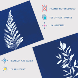 Wee Blue Coo White Cobalt Blue Foliage Watercolour Wall Art Print 30 x 41cm 8 Pack - Size: 40.5 x 30.5 x 0.3cm - Wilko - thumbnail 5
