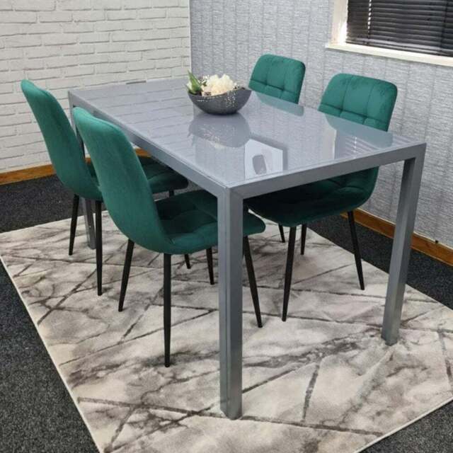 Kosy Koala 4 Seater Velvet and Glass Dining Set with Grey and Green - Wilko - image 1