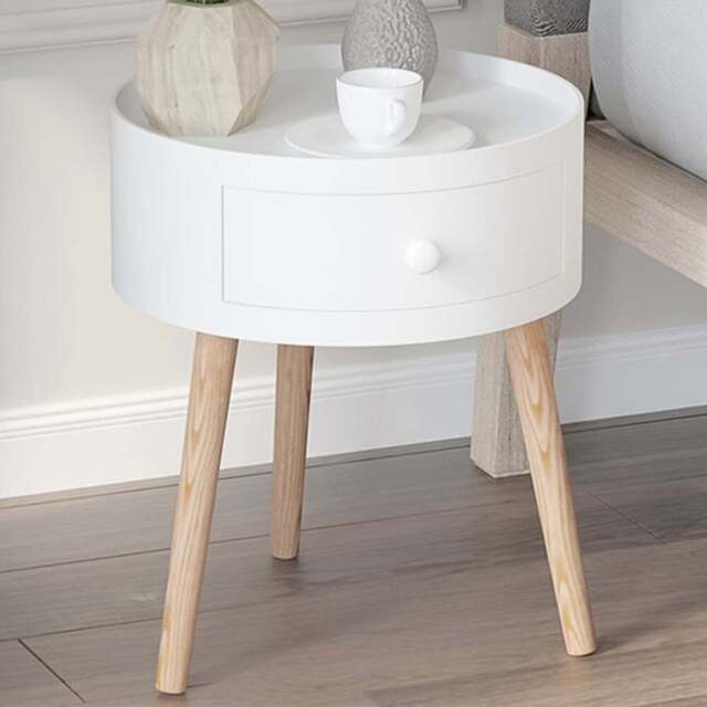 Portland Single Drawer White Round Side Table - Size: 38 x 38 x 45cm - Brown - Wilko - image 1