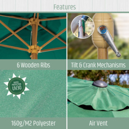 Gardenkraft Dark Green Crank and Tilt Wooden Parasol 2.7m - Wilko - thumbnail 4
