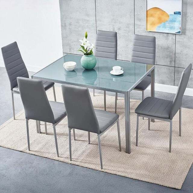 Kosy Koala 6 Seater Faux Leather Glass Dining Set Grey - Wilko - image 1
