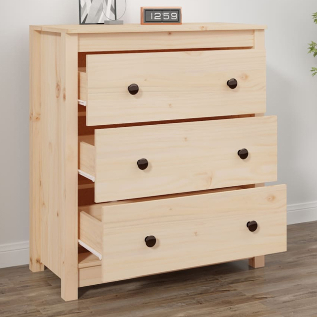 vidaXL 3 Drawer Natural Solid Wood Pine Sideboard - Size: 80 x 70 x 35cm - Brown - Wilko - image 1
