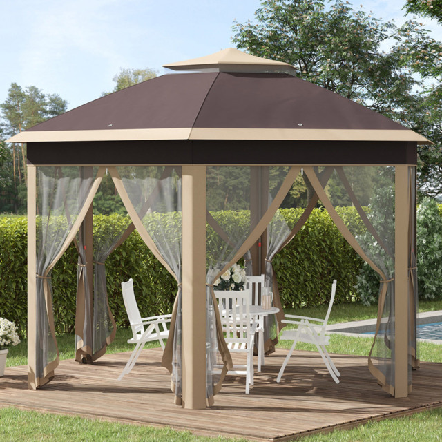 Outsunny 3 x 4m Khaki Metal Frame Hexagon Pop Up Gazebo with Netting - Green - Wilko - image 1
