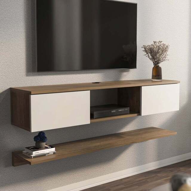 Decorotika Elia 2 Door Single Shelf Walnut and White Floating TV Unit with Wall Shelf - Size: 25.6 x 140 x 30cm - Multi - Wilko - image 1