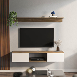 Decorotika Elia 2 Door Single Shelf Walnut and White Floating TV Unit with Wall Shelf - Size: 25.6 x 140 x 30cm - Multi - Wilko - thumbnail 7