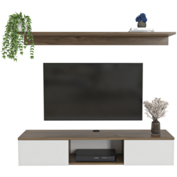 Decorotika Elia 2 Door Single Shelf Walnut and White Floating TV Unit with Wall Shelf - Size: 25.6 x 140 x 30cm - Multi - Wilko - thumbnail 3