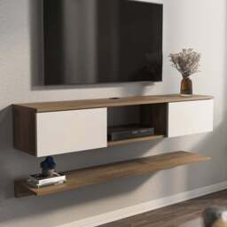 Decorotika Elia 2 Door Single Shelf Walnut and White Floating TV Unit with Wall Shelf - Size: 25.6 x 140 x 30cm - Multi - Wilko