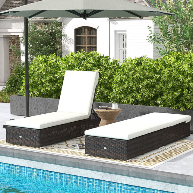 Outsunny Set of 2 Brown and Cream Rattan Reclining Sun Lounger - Size: 124 x 35 x 62cm - Wilko - image 1