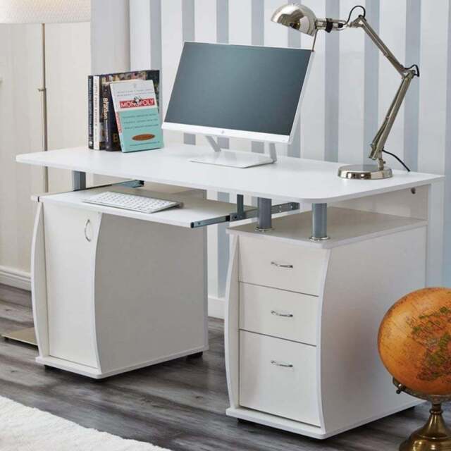 Deluxe Computer Desk with 3 Drawers & Storage Cabinet - White - Size: 74 x 120 x 55cm - Wicklow - Wilko - image 1