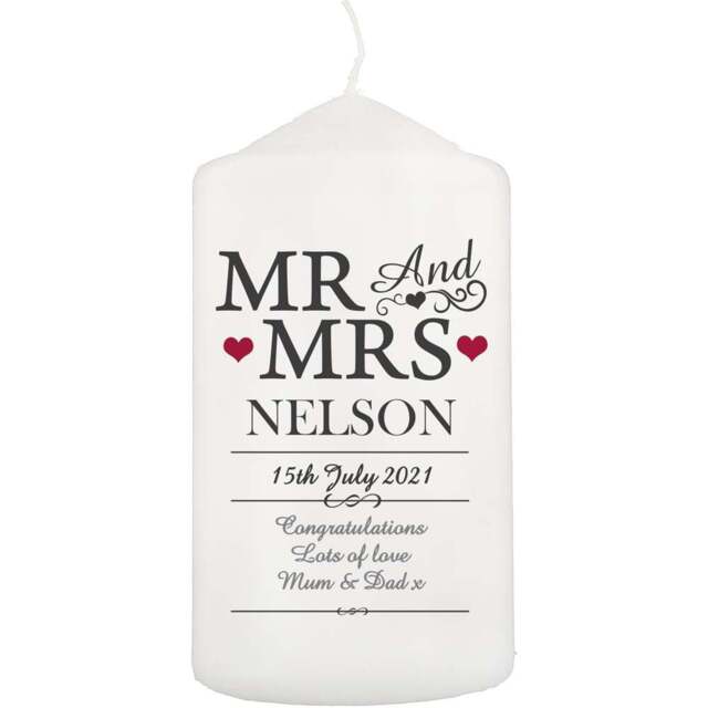 Personalised Memento Personalised Mr and Mrs Pillar Candle - Size: 0.7 x 1.3 x 0.7cm - White - Wilko - image 1