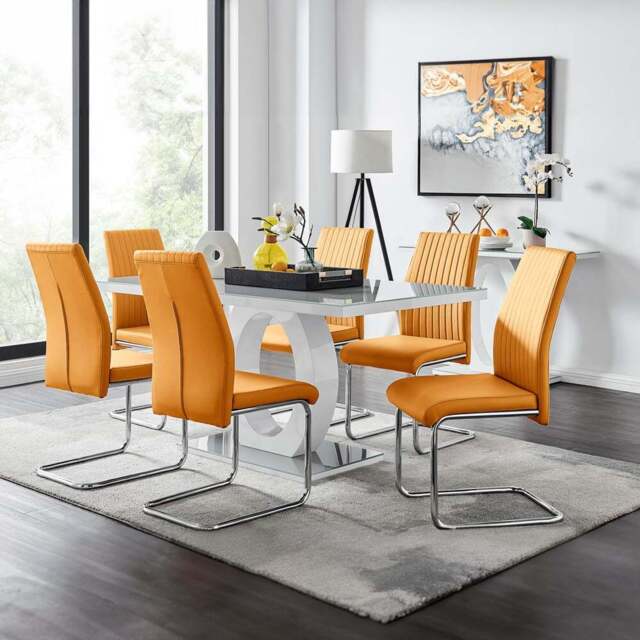 Furniturebox Lucia Fontant 6 Seater Dining Set Grey Gloss Mustard Yellow and Chrome - Wilko - image 1