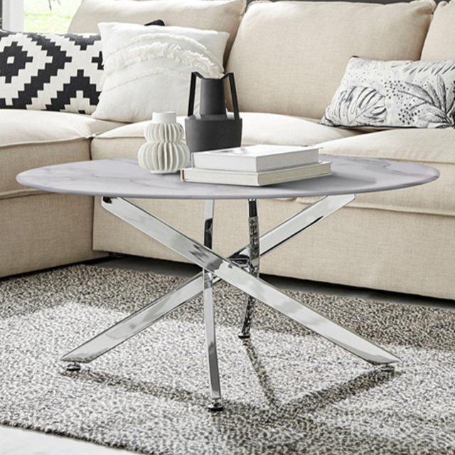 Furniturebox Arona Round White Marble Effect Glass Coffee Table with Silver Legs - Size: 90 x 90 x 45cm - Wilko - image 1