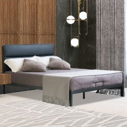 Brooklyn King Size Black Metal Bed Frame with Faux Leather Headboard - Wilko
