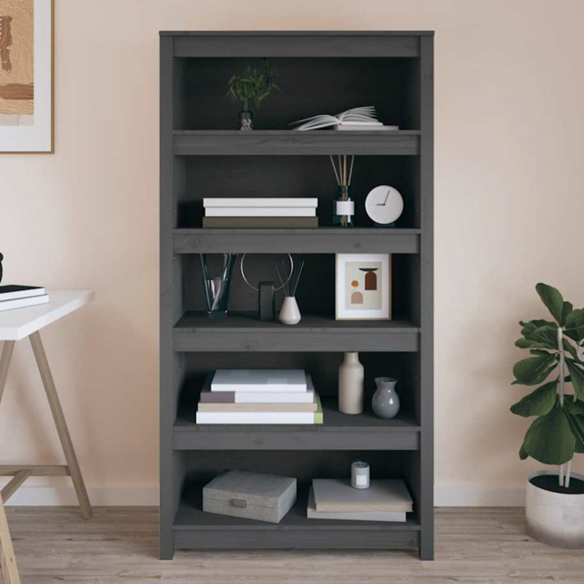 vidaXL 5 Shelf Grey Solid Pine Wood Bookcase - Size: 154 x 80 x 35cm - Wilko - image 1