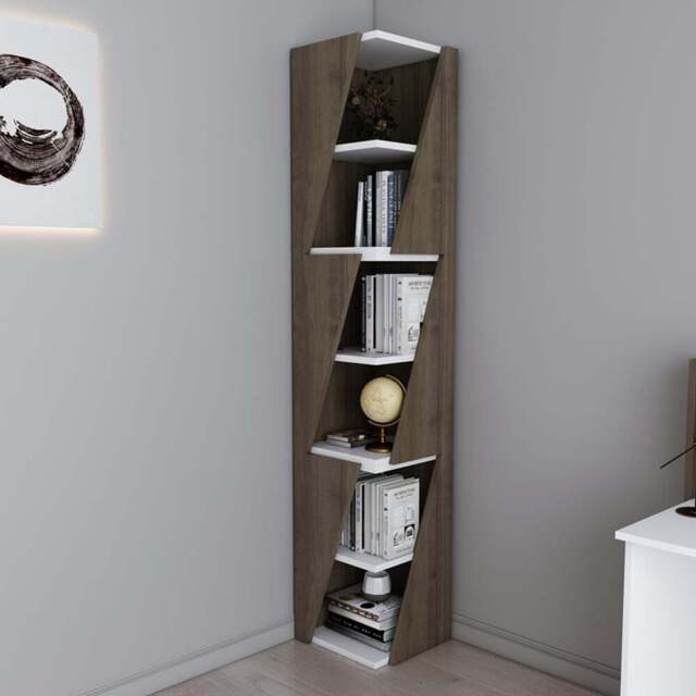Decorotika Arrow 6 Shelf Walnut White Corner Bookcase - Size: 165 x 31.8 x 31.8cm - Multi - Wilko - image 1