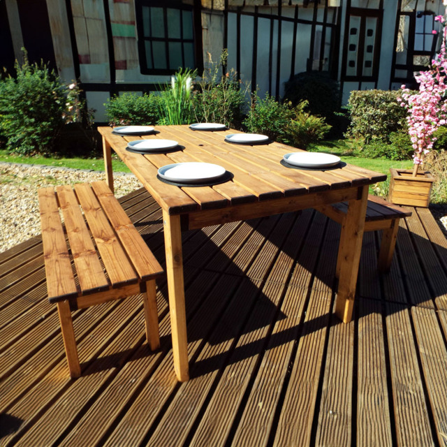 Charles Taylor Solid Wood 6 Seater Rectangular Outdoor Dining Bench Set with Brown Cushions - Wilko - image 1