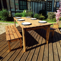 Charles Taylor Solid Wood 6 Seater Rectangular Outdoor Dining Bench Set with Brown Cushions - Wilko - thumbnail 1