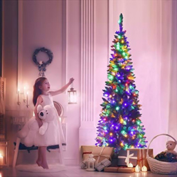 Shatchi Multicolour LED Pre-Lit Artificial Pencil Christmas Tree 7ft - Green - Wilko - thumbnail 4