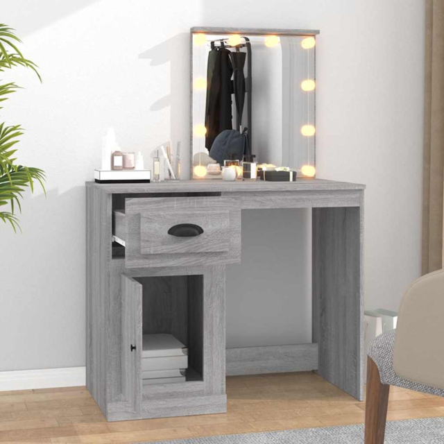 vidaXL Single Door Single Drawer Grey Sonoma Dressing Table with LED Mirror - Size: 132.5 x 90 x 50cm - Wilko - image 1