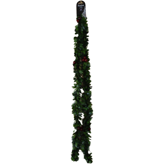 Samuel Alexander Christmas Holly Garland with Red Berries 200cm - Green - Wilko - image 1