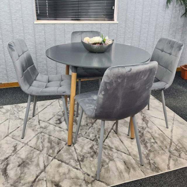 Portland Rocco 4 Seater Round Velvet Dining Set Grey - Wilko - image 1