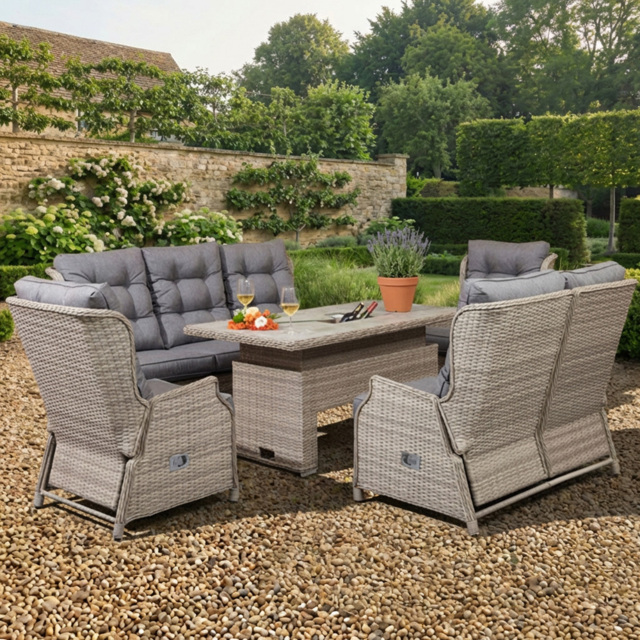 Cambridge 5 Piece Wicker Reclining Patio Sofa Set Natural and Grey - Size: 7 Seater - Malay Deluxe - Wilko - image 1
