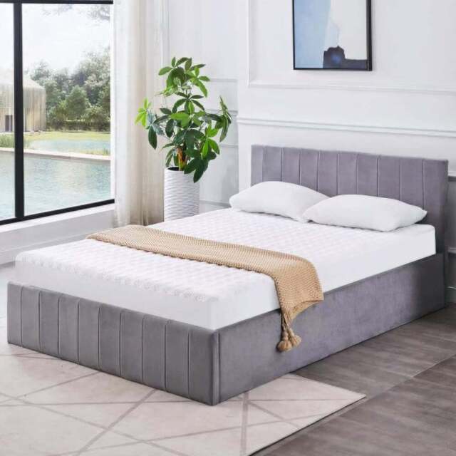 Portland Kosy Koala Small Double Grey Line Pattern Velvet Gas Lift Ottoman Bed with Mattress - Wilko - image 1