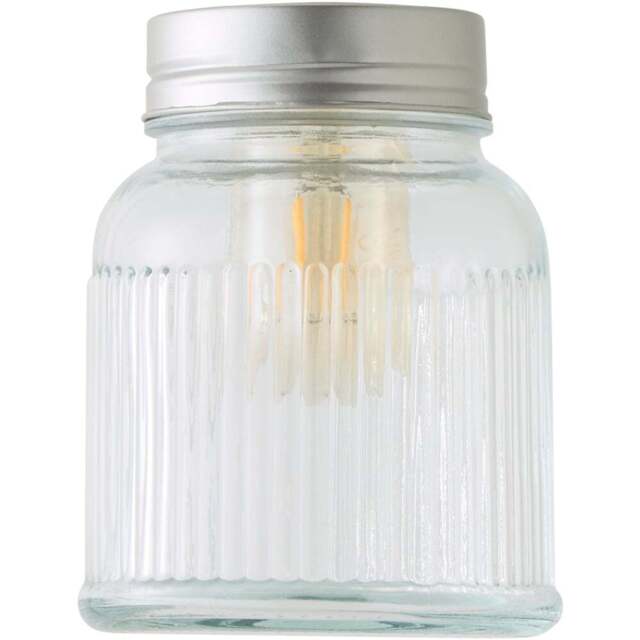 ValueLights Brushed Chrome Ribbed Pattern Glass Jar Pendant Shade - Size: 12 x 18 x 12cm - Silver - Wilko - image 1