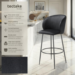 tectake Luana Black Velvet Look Padded Bar Stool Set of 4 - Wilko - thumbnail 4