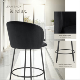 tectake Luana Black Velvet Look Padded Bar Stool Set of 4 - Wilko - thumbnail 6