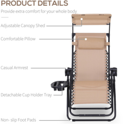 Outsunny Beige Zero Gravity Foldable Garden Recliner Chair with Canopy - Size: 1 Seater - Cream - Wilko - thumbnail 5