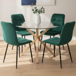 Portland 4 Seater Velvet Tufted Glass Tabletop Round Dining Set Green - Wilko - thumbnail 1