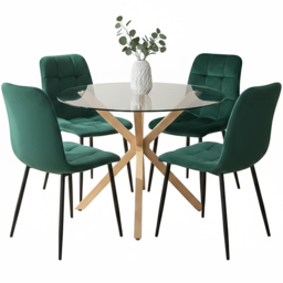 Portland 4 Seater Velvet Tufted Glass Tabletop Round Dining Set Green - Wilko - thumbnail 3