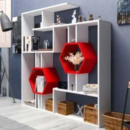 Decorotika Tamara White and Red Geometric Unique Bookshelf - Size: 134 x 134 x 22cm - Multi - Wilko