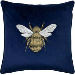 Paoletti Hortus Navy Bee Embroidered Cushion - Size: 50 x 50 cm - Blue - Wilko