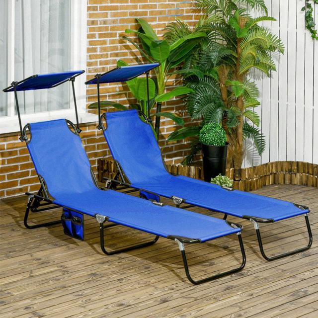 Outsunny Set of 2 Blue Adjustable Folding Sun Lounger with Sunshade Roof - Size: 28 x 56 x 190cm - Wilko - image 1