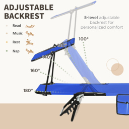 Outsunny Set of 2 Blue Adjustable Folding Sun Lounger with Sunshade Roof - Size: 28 x 56 x 190cm - Wilko - thumbnail 5