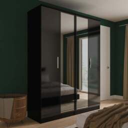 Crowndale Knightsbridge 4 Door Black Gloss and Black Tall Mirror Wardrobe Ready Assembled - Black Gloss & Black - Wilko - thumbnail 1