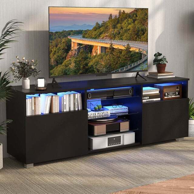 Costway 2 Door 6 Shelf Black TV Unit with LED - Size: 158 x 58 x 15cm - Wilko - image 1